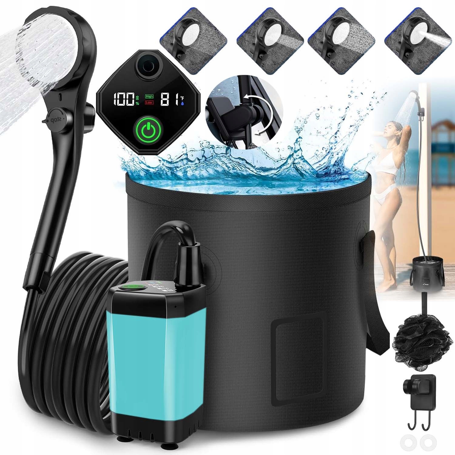 Prysznic Turystyczny Prysznic Kempingowy 6000MAH 2 Tryby Składane Wiadro