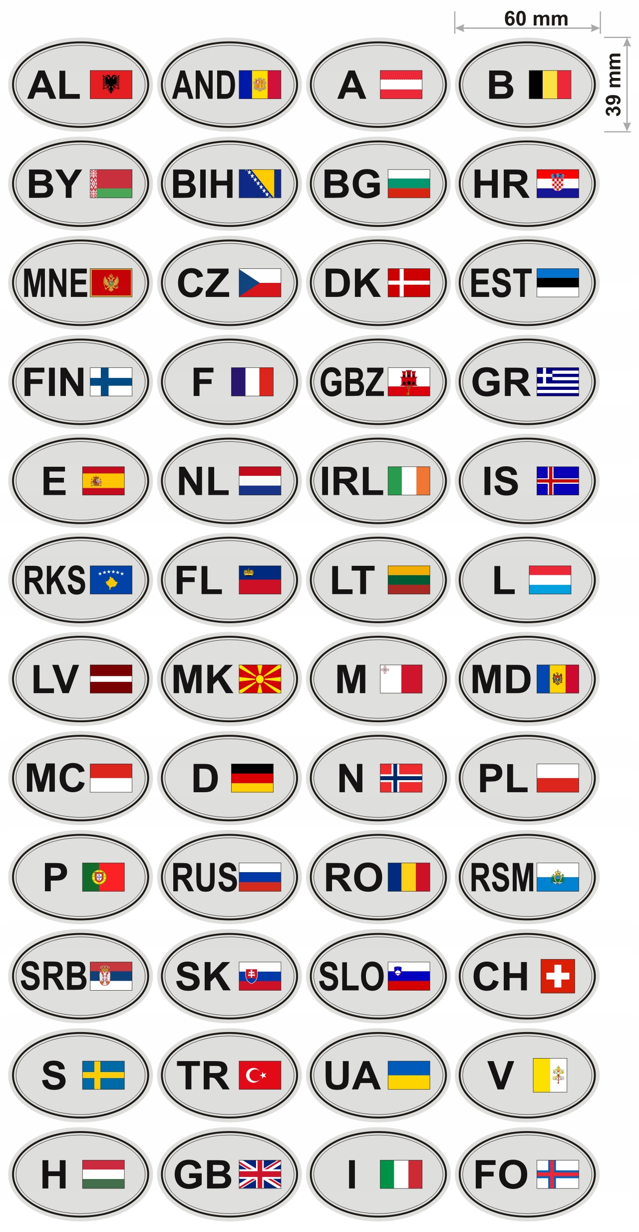Naklejki Kody Państw Flagi SZARE 60mm EUROPA Producent Inny