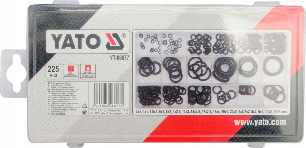 ZESTAW O-RINGÓW GUMOWYCH 225SZT YT-06877 YATO Waga produktu z opakowaniem jednostkowym 0.15 kg