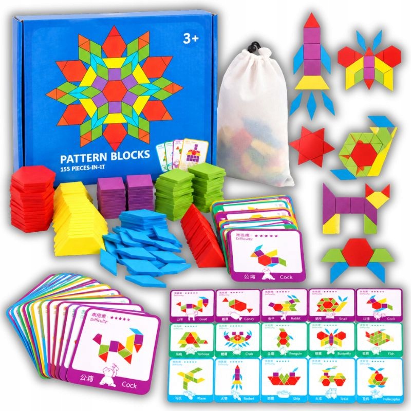 Tangram Drewniany Puzzle Edukacyjne Montessori Gra Logiczna Figury Karty