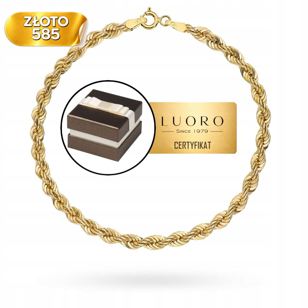 Zlatý náramek 585 14K, kordová vazba 18 cm, jemný, luxusní