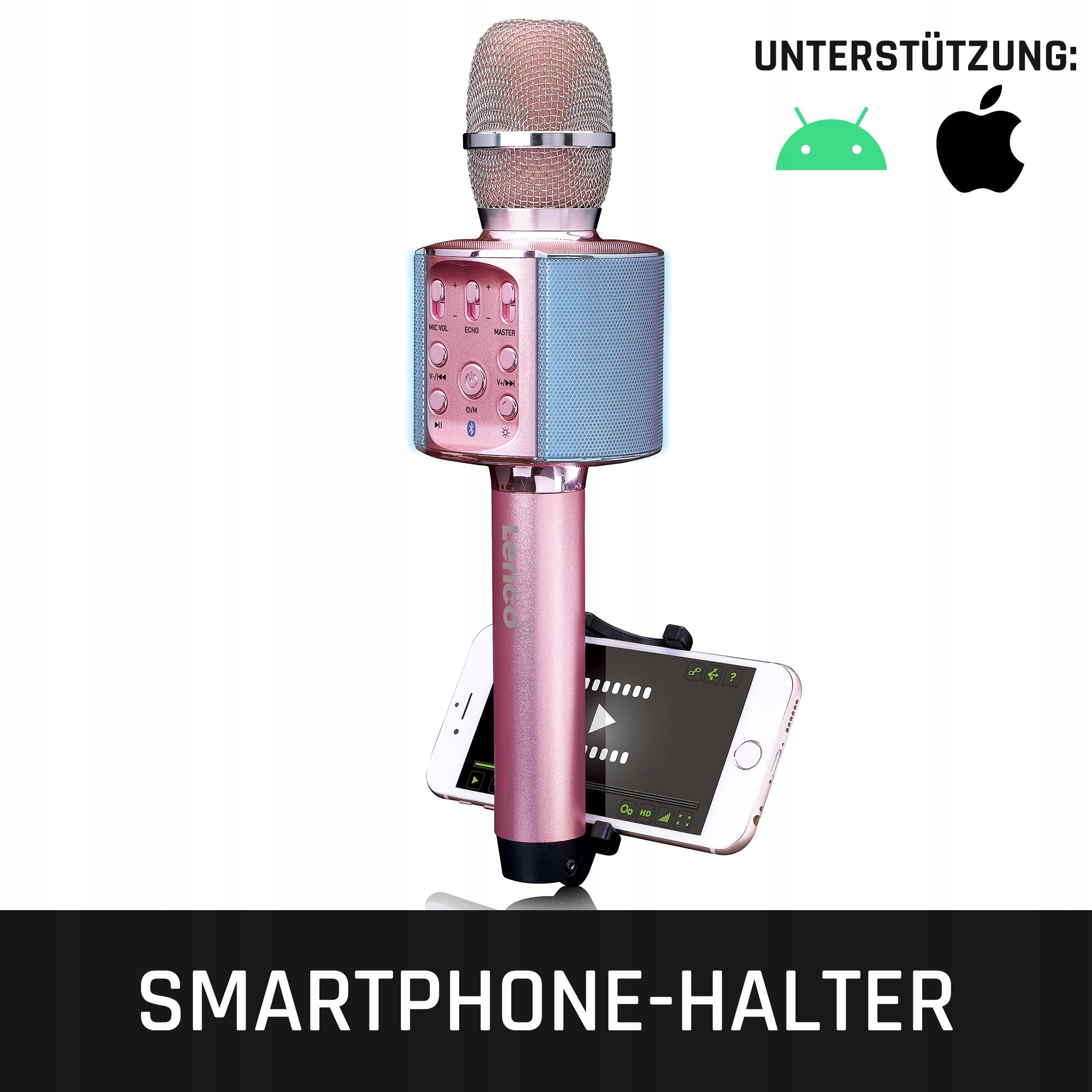 LENCO Karaoke Mikrofon Bluetooth LED Różowy Smartfon Android iOS — miniatura 8