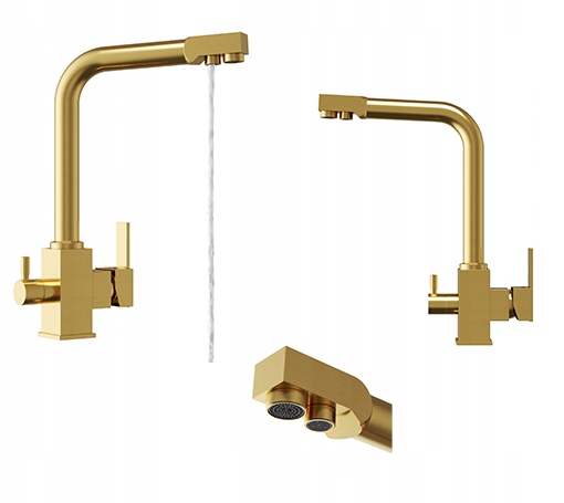 Kuchynská trojcestná batéria Node zlatá pre vodný filter kohútik, výtokový filter