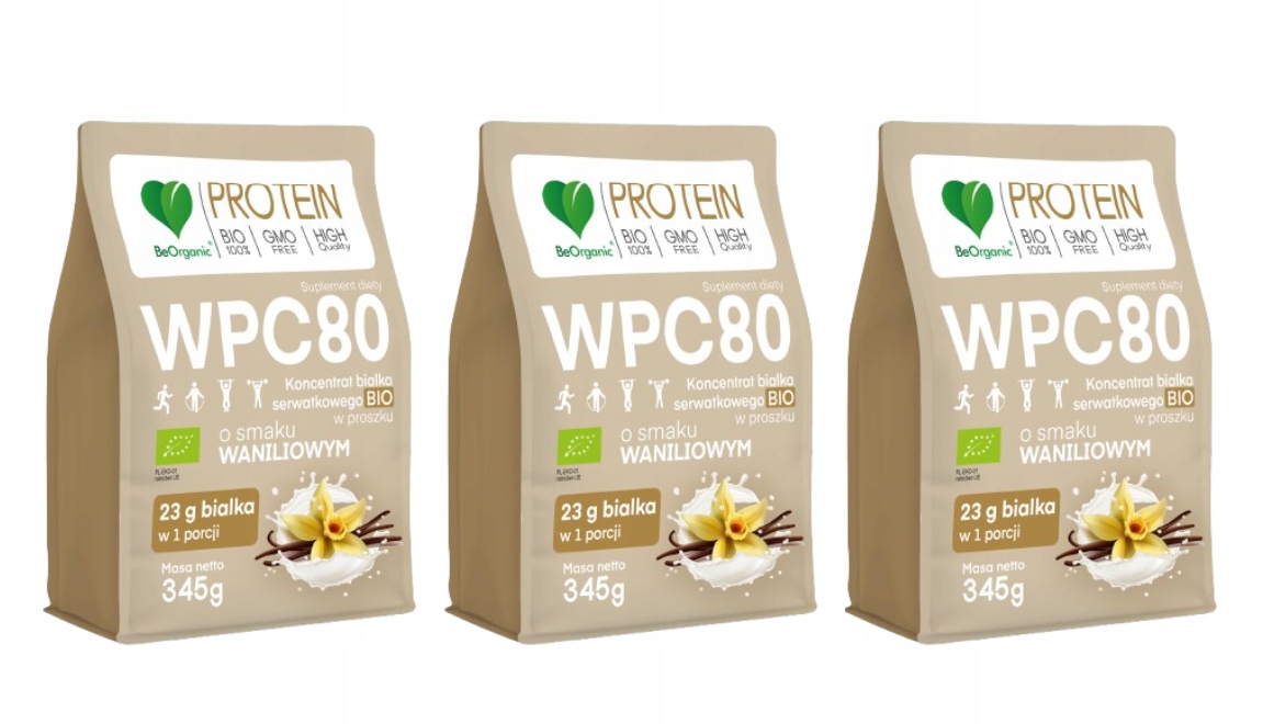 3 x BeOrganic Wpc 80 Bio protein v prášku s vanilkovou příchutí Trénink Bcaa Apetit