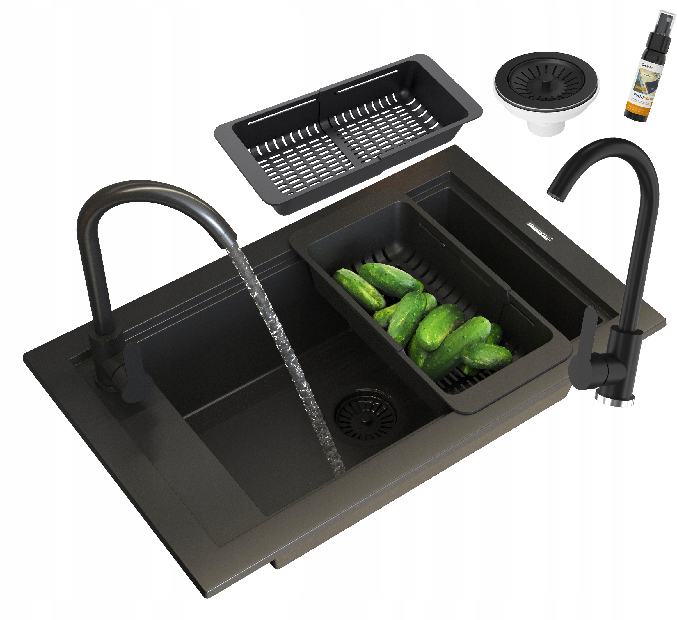 Jednokomorový Dřez Sada Černá Baterie Sifon Košík Deska Panama