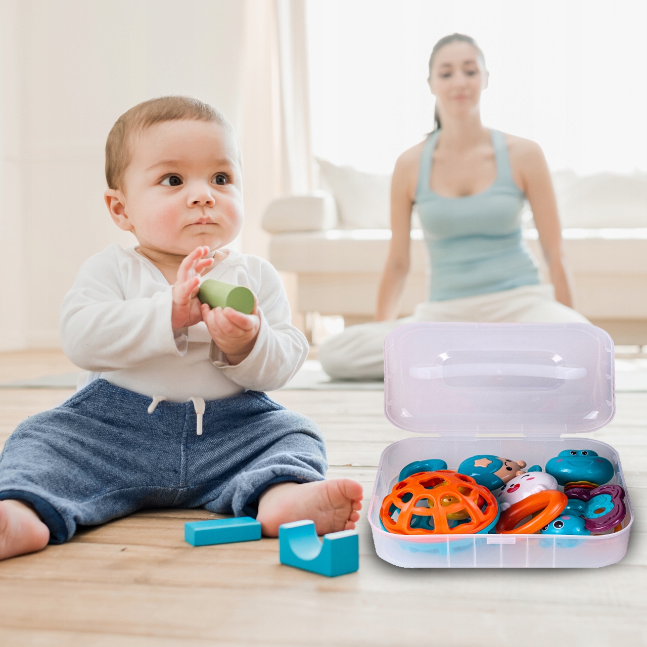 GRZECHOTKI GRYZAKI DLA MALUCHA DZIECKA BEZPIECZNE W ZAMYKANYM PUDEŁKU 5 SZT Kolor dominujący wielokolorowy