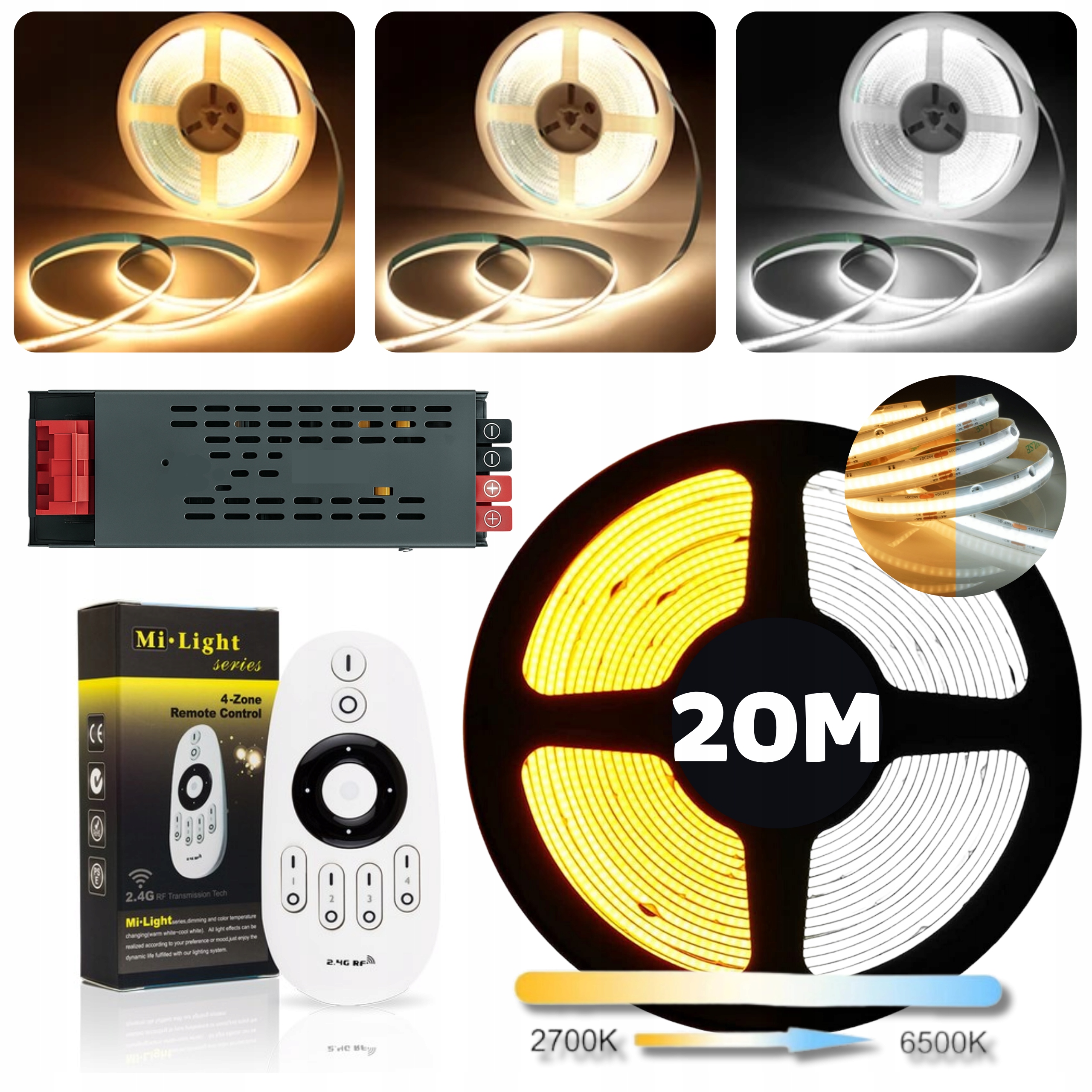 Set Led teplá a studená páska Cob Cct 3000-6500K 24V 14W/m kontinuálna linka 20 m