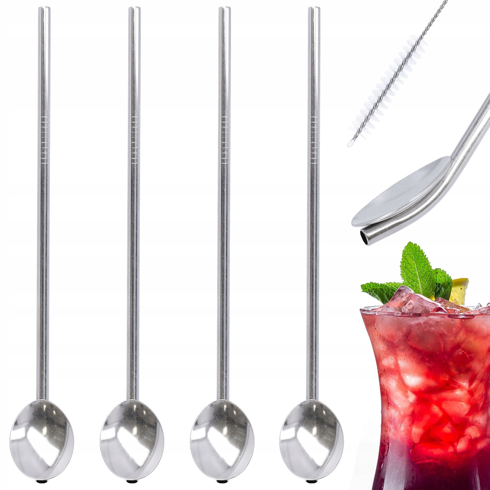 METALOWE SLOMKI ZESTAW 4 SŁOMEK ZE STALOWYMI ŁYŻECZKAMI I CZYŚCIKIEM EKO