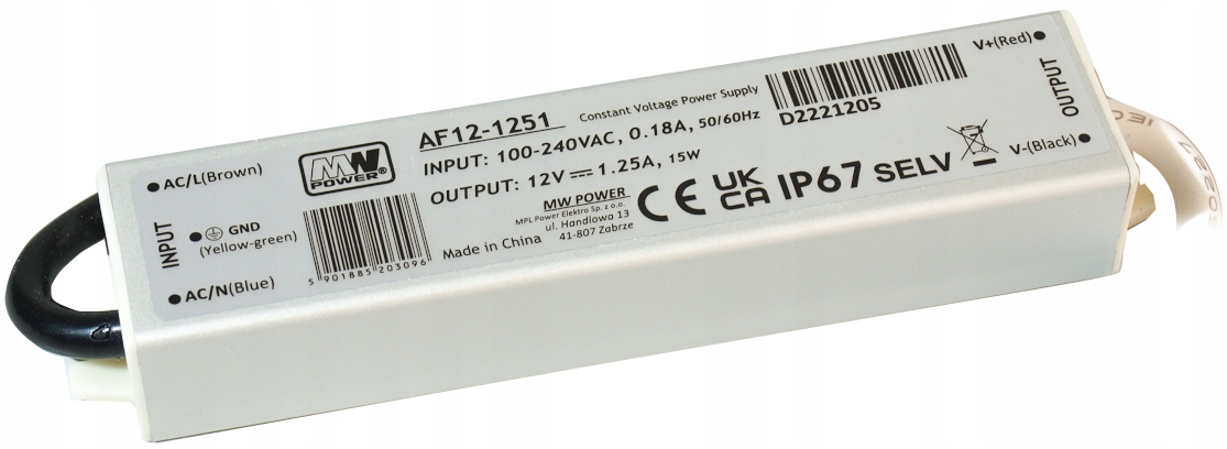 Zasilacz Stałonapięciowy Wodoodporny IP67 12V 15W Metalowa Obudowa Mw Power