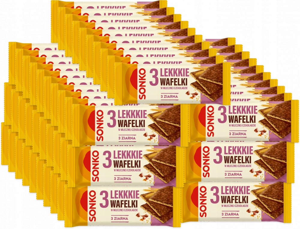 Lekkie wafelki 3 ziarna w mlecznej czekoladzie Sonko 36g x 77 szt