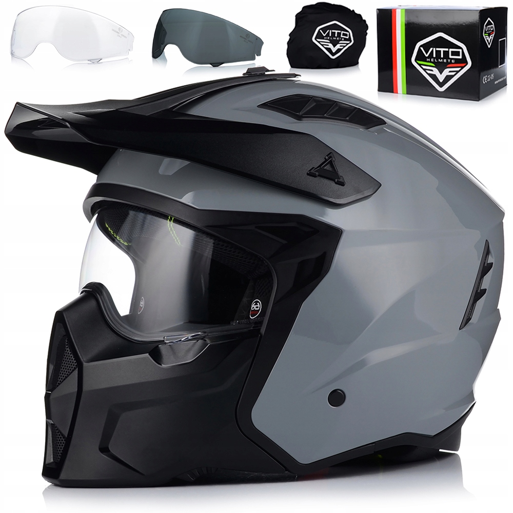 Motocyklová Prilba 4v1 Vito Predator Grey Odnímateľná Čepeľ Strieška 2x Sklo