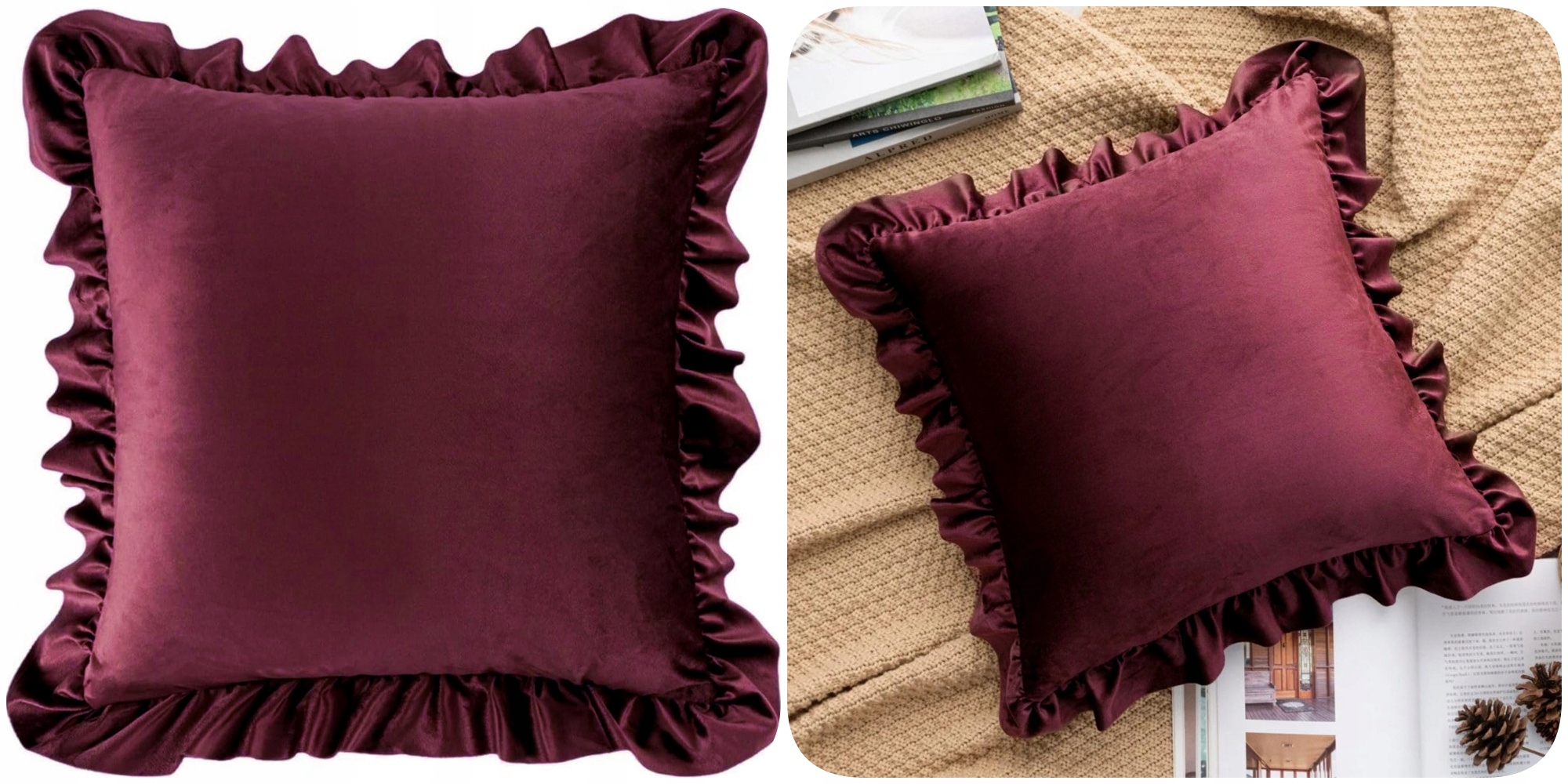 POSZEWKA WELUROWA 40x40 Z FALBANĄ PLUSZ VELVET KOLOR FALBANKA BORDOWY Długość 40 cm