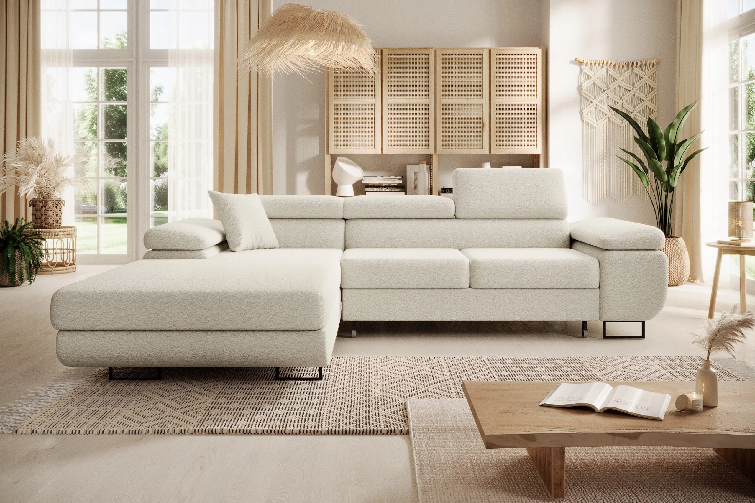 Levý rohová sedací souprava s funkcí spaní Astorp L je krémový a vyrobený z bukové tkaniny.