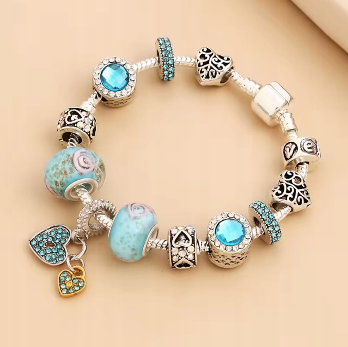 Stříbrný náramek Charms Beads Akvamarín Zirkony Srdce Růže