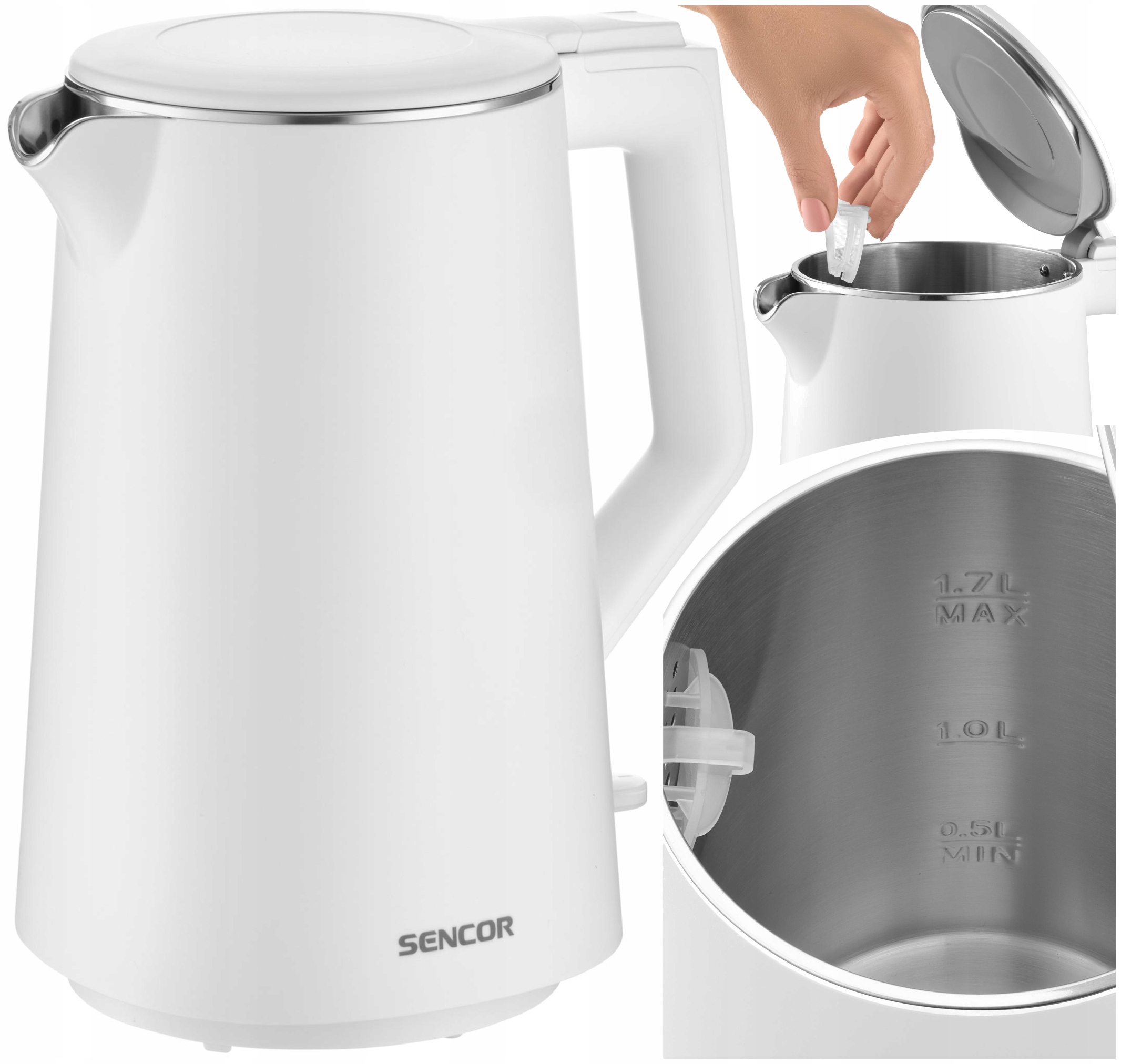 Czajnik Elektryczny Bezprzewodowy 1,7L Sencor 2200W Biały STRIX360 Filtr
