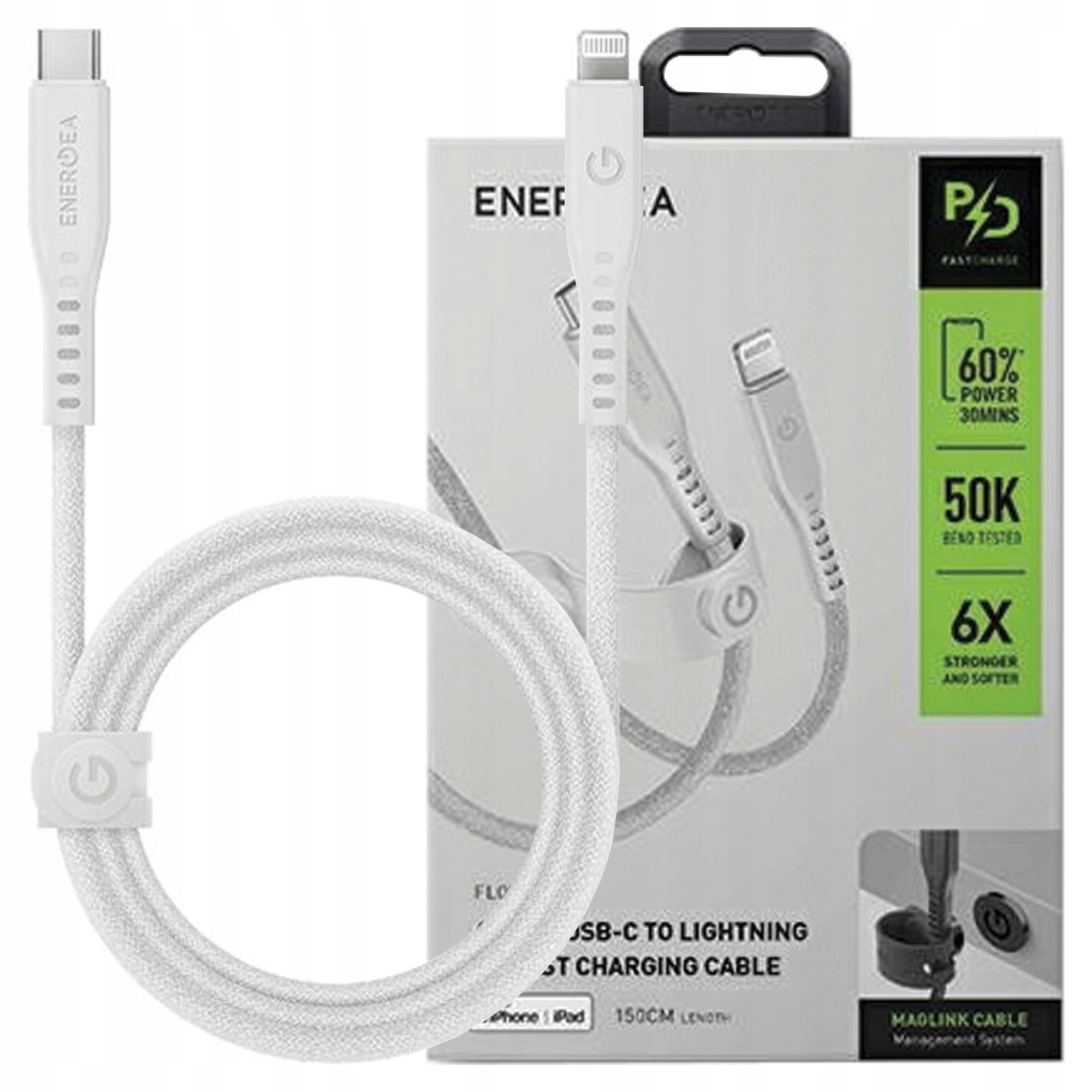 Energea kabel Flow Usb-c LightningC94 Mfi 1.5 m bílý/bílý 60 W 3A Pd Fast