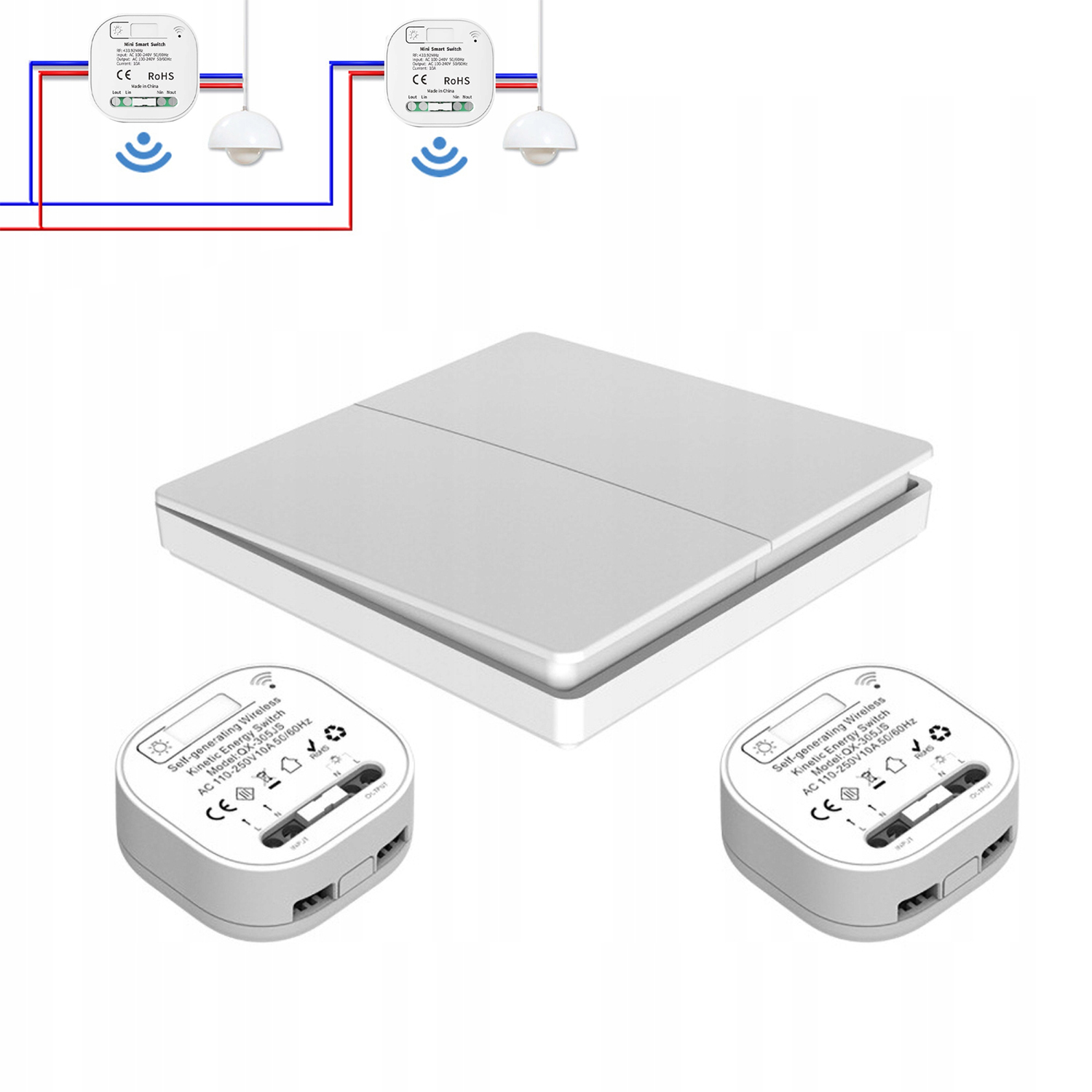 Bezbateriový bezdrátový spínač 1 přijímač 2 světla vysílač