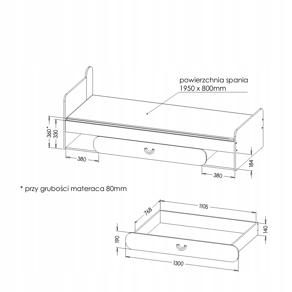 Łóżko młodzieżowe 80 szuflada pojemnikiem pościel Kod producenta łóżko 80x195 z pojemnikiem carini ca11