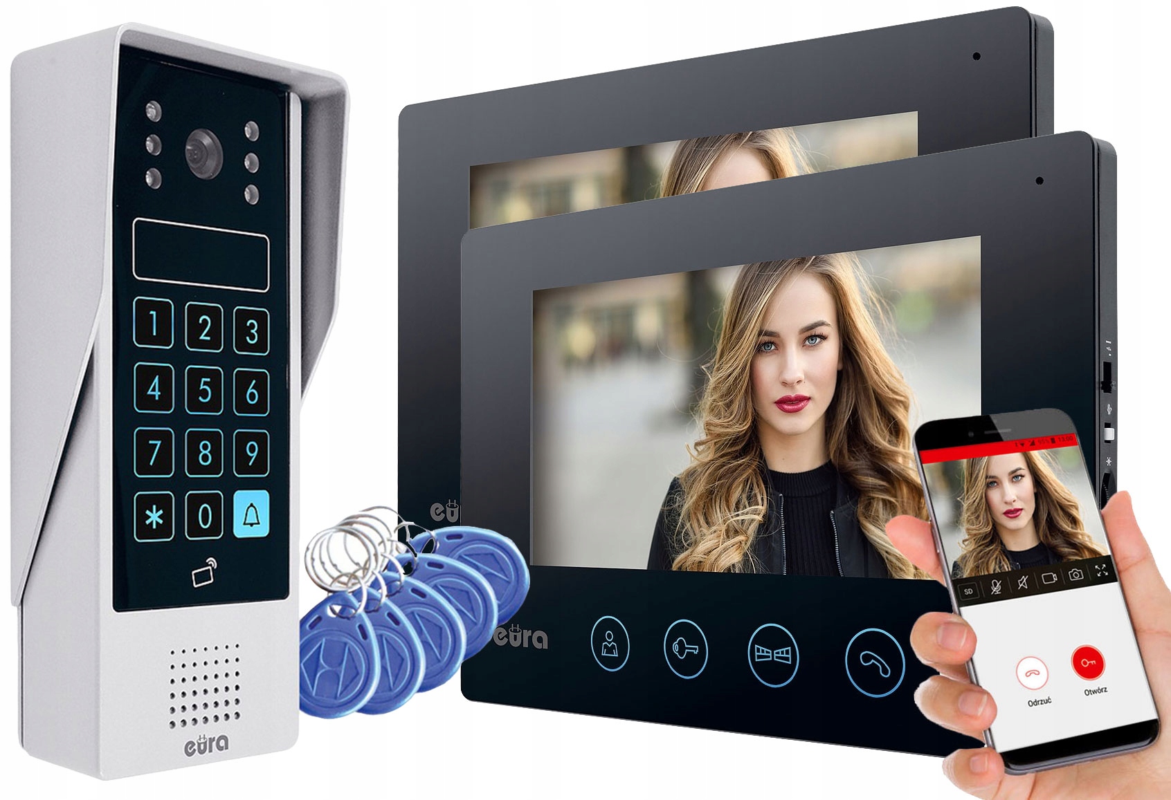 Wideodomofon Ip Videodomofon WiFi Breloki Aplikacja dwa monitory