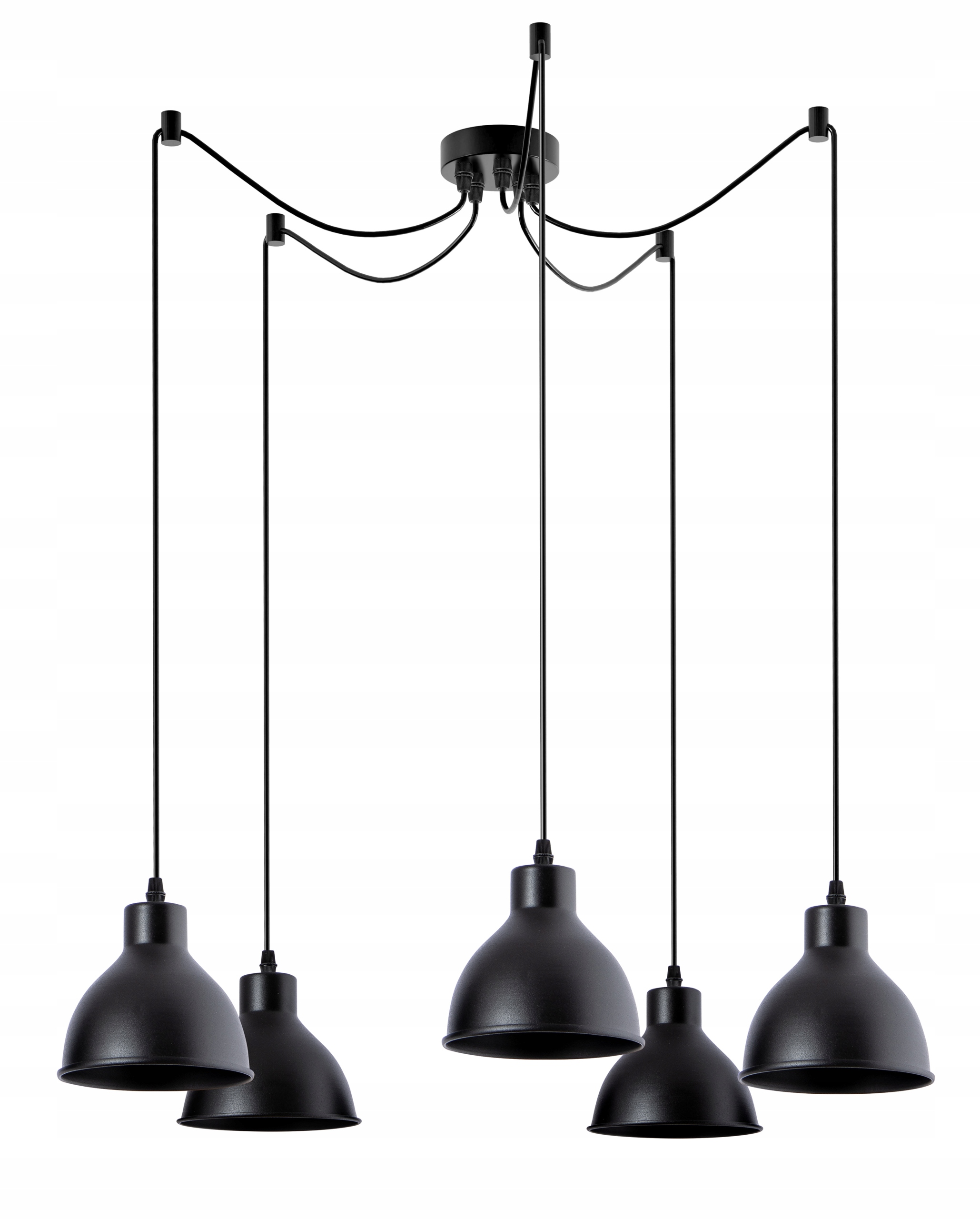 Velká pavoučí lampa s dlouhými kabely pro aranžování 5 stínítek, černá restaurace