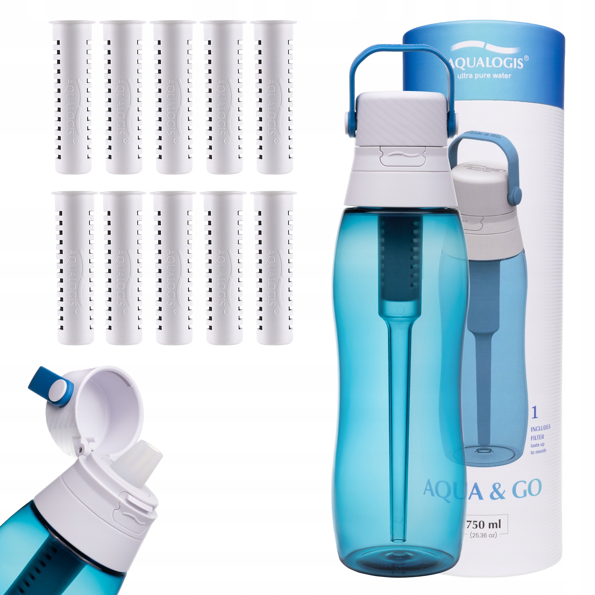 Filtrační láhev Aqualogis Aqua&Go 750 ml Granátová s 10 filtry