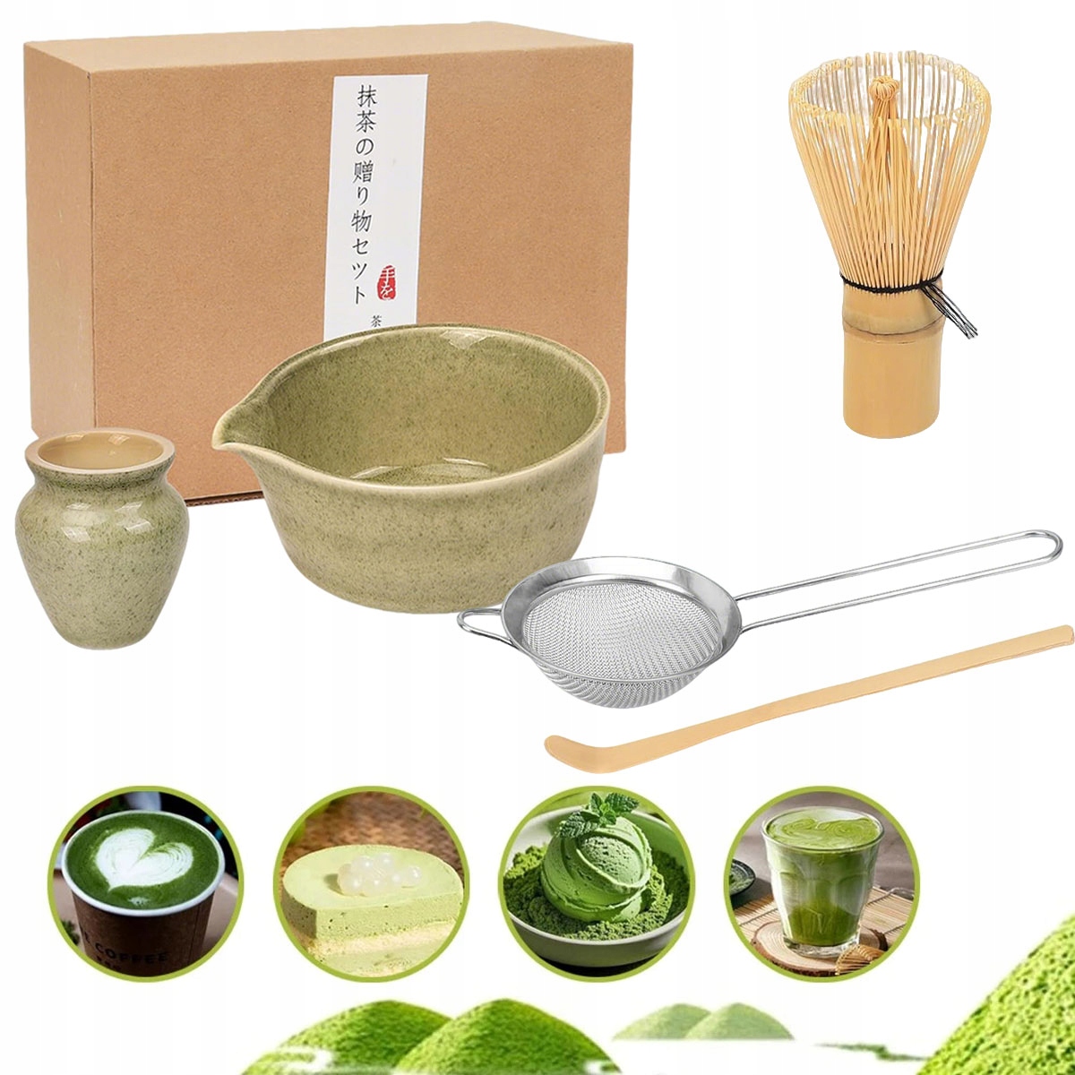 Levně Dárková Sada Na Čaj Matcha Šálek Metla Podstavec Lžička 5 Kusů