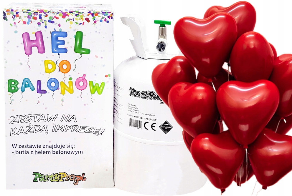 Butla z helem Hel +30 szt Balony Serca Walentynki