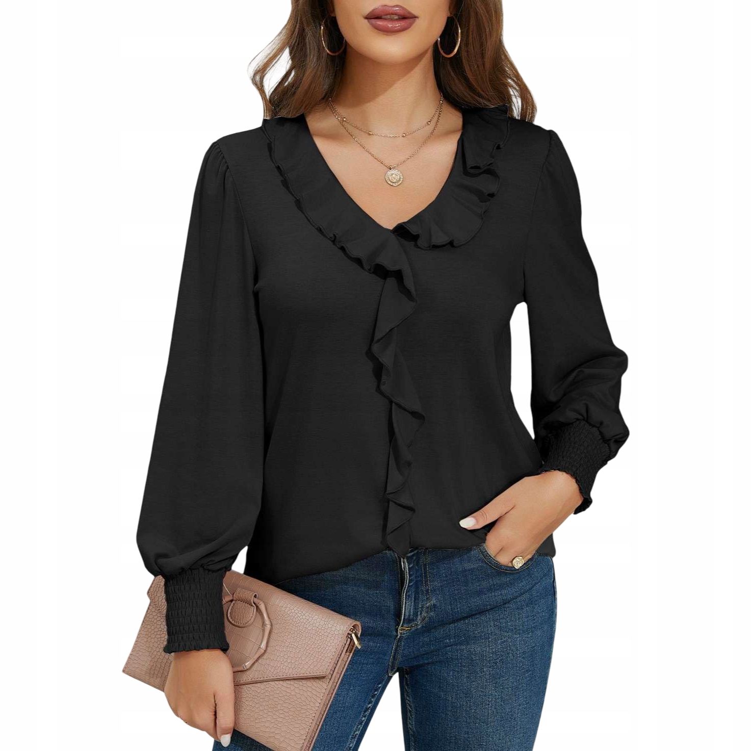 Dámská halenka Dekolt V Bufiaste Rukávy Elegantní Stylová Vintage Černá M