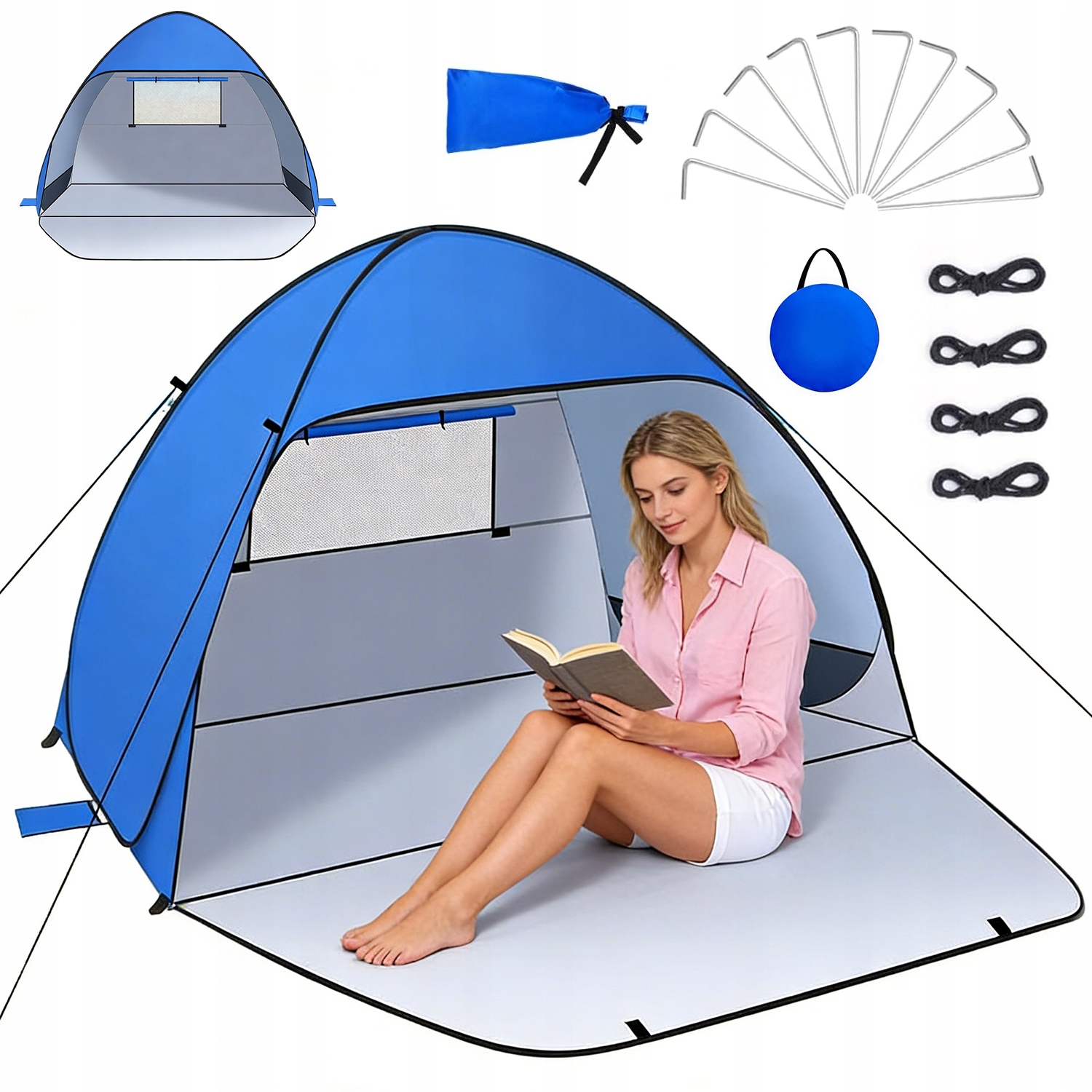 Stan Proti Větru S Ochranou Okna, Kempingový, Tmavě Modrý