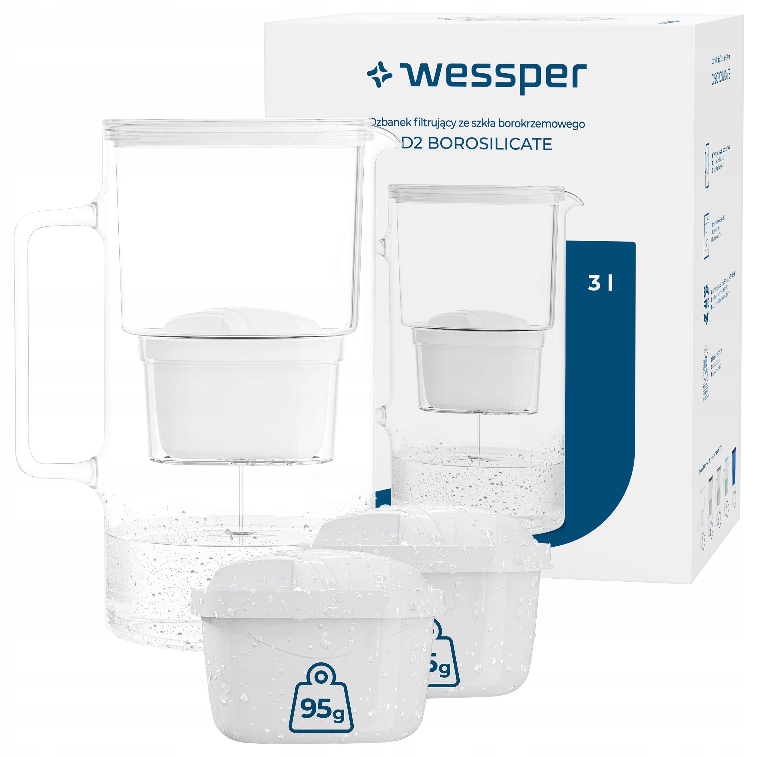Dzbanek filtrujący szklany Wessper D2 Borosilicate 3l 3x filtr do wody