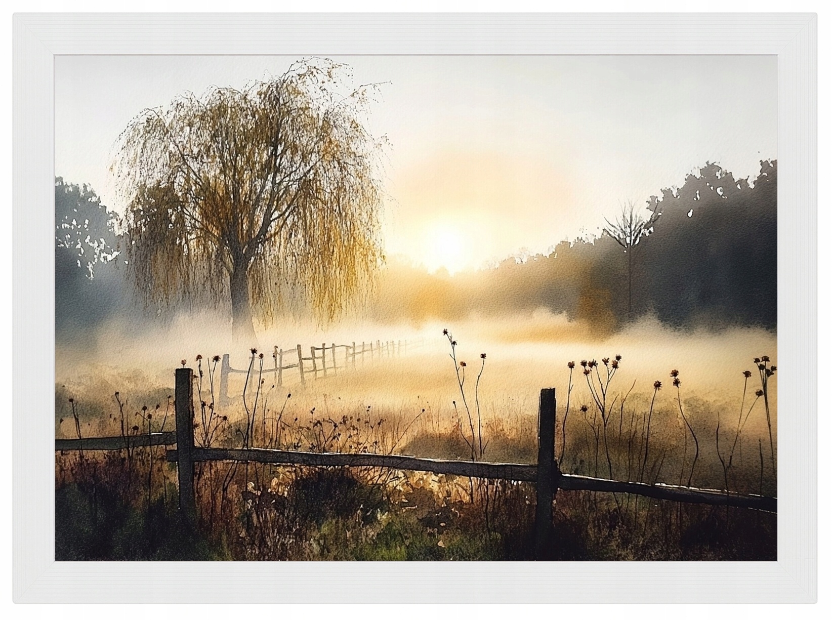 Plakát Rámeček Dřevo Krajina Venkov Louka Vrba Slunce 100x70
