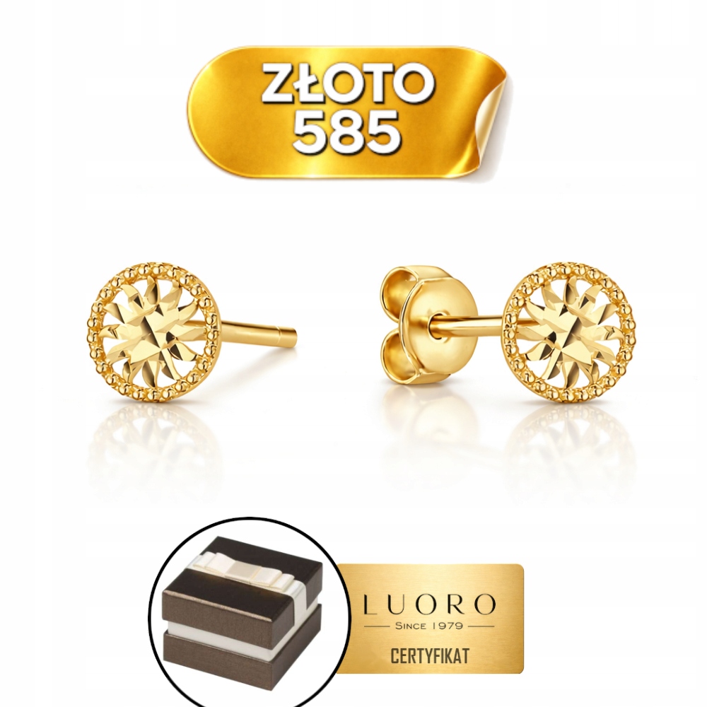 Náušnice Zlaté 585 14K Diamantové Slunce V Kroužku 6,5 MM Tyčinka