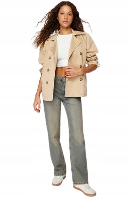 Trendyol Béžový Dvouřadý Kabát S Krátkými Klopami 32 5BB