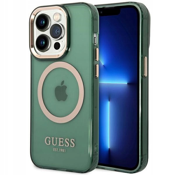 Guess iPhone 14 Pro 6.1" zielony hard case Gold Outline Translucent MagSafe