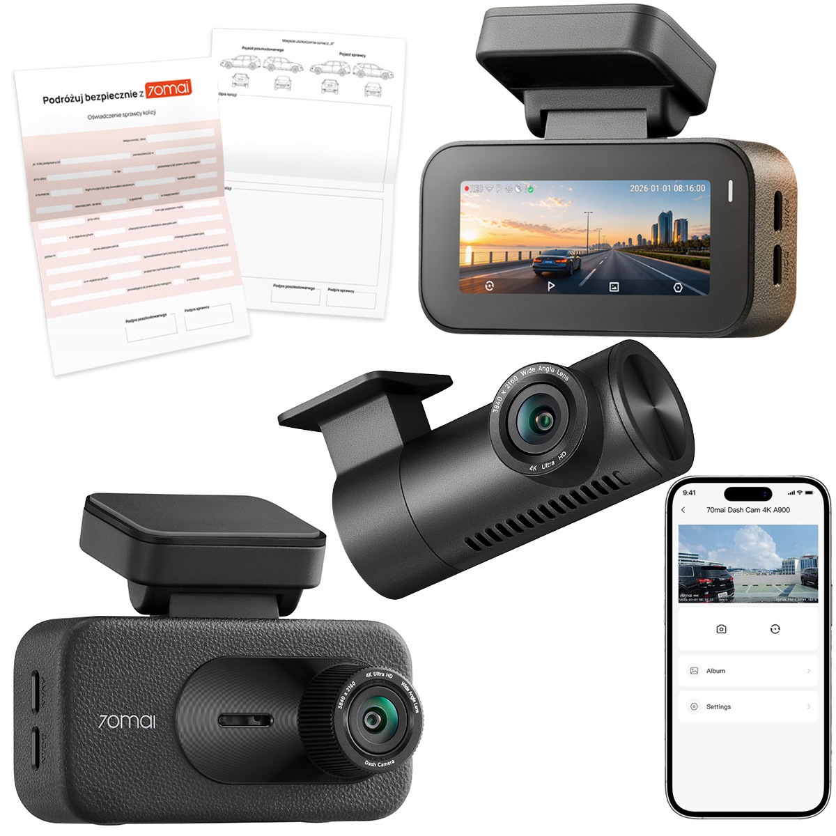 70mai Kamera samochodowa A900 Dash Cam 4K tylna RC44H formularz kolizji