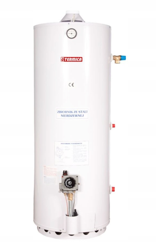 Plynový ohřívač s cívkou 150 l, stojící, pravý, nerezová ocel Termica