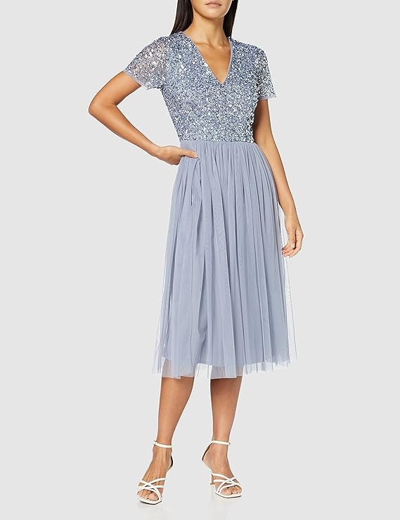 Maya Deluxe Šaty MIDI Modrá S Flitry A Tylem 42 6EA