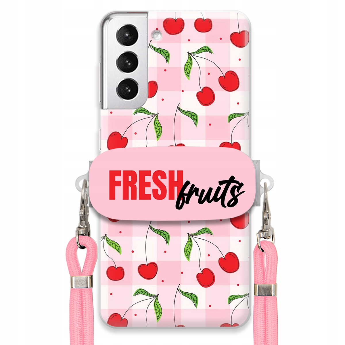 Puzdro pre Samsung S21 Plus Case Držiak šnúrok Ružový Fresh Fruits Mriežka