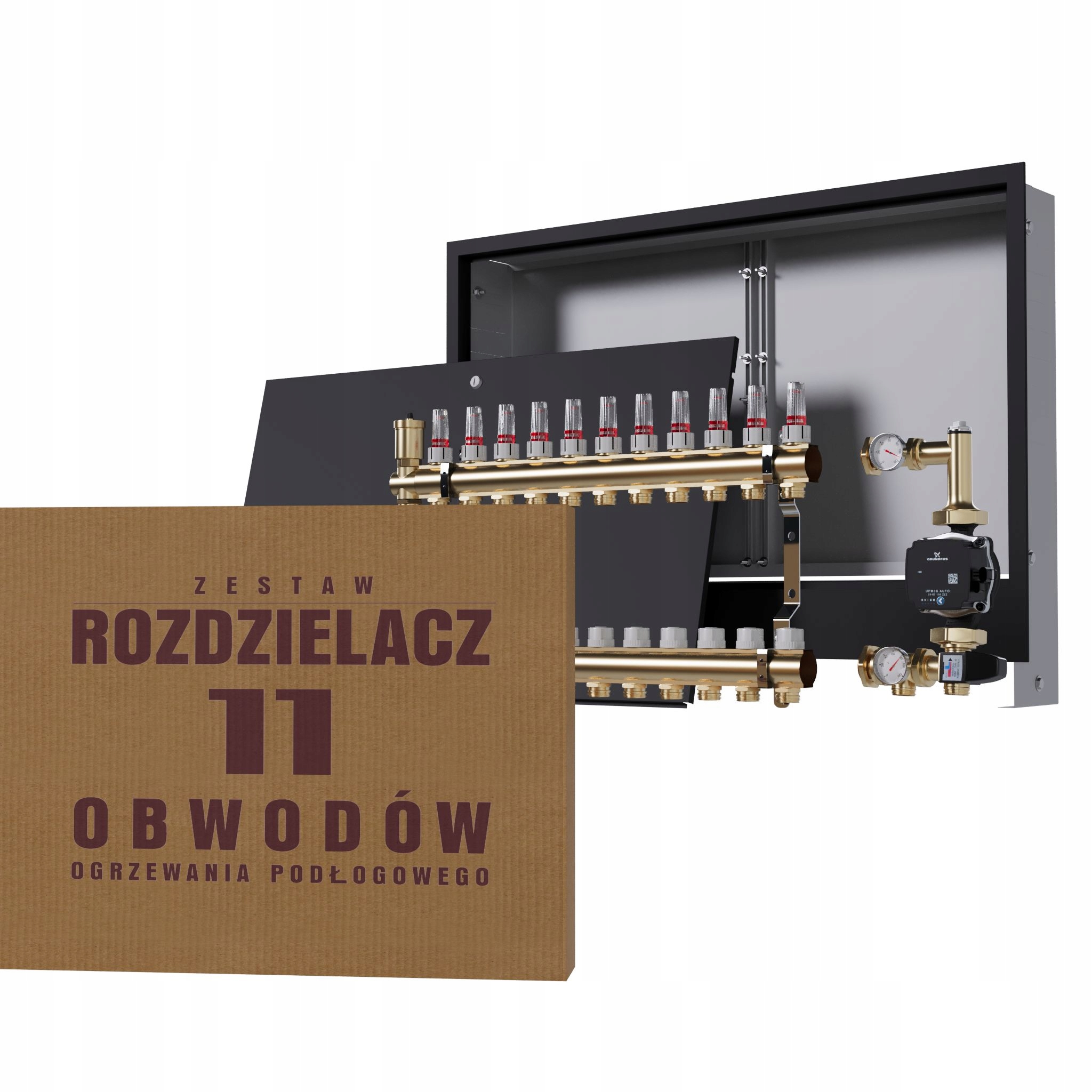 Rozdělovač pro podlahu 11 okruhů se skupinou Grundfos podomítkový černý