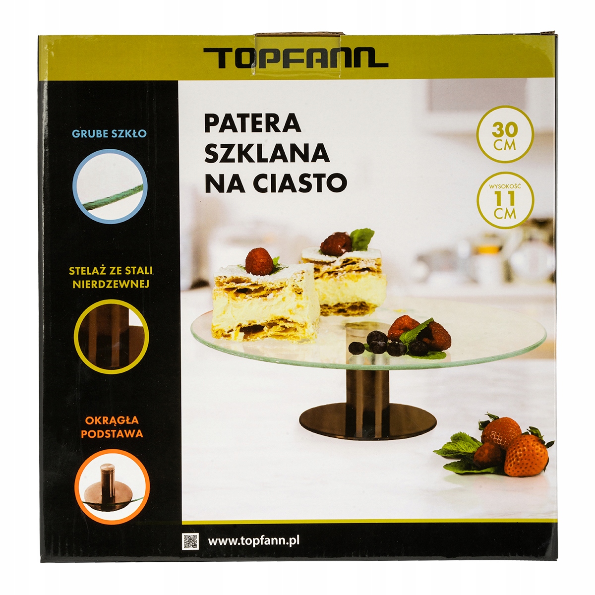 PATERA SZKLANA NA CIASTO OWOCE OBROTOWA WYSOKA TALERZ NA CIASTO OKRĄGŁY Szerokość produktu 30 cm