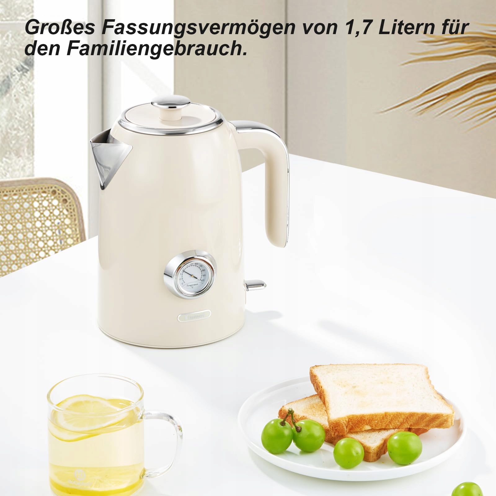 WILTAL Zestaw Retro Czajnik 1,7L 2200W Kremowy Stalowy Z Termometrem — miniatura 4