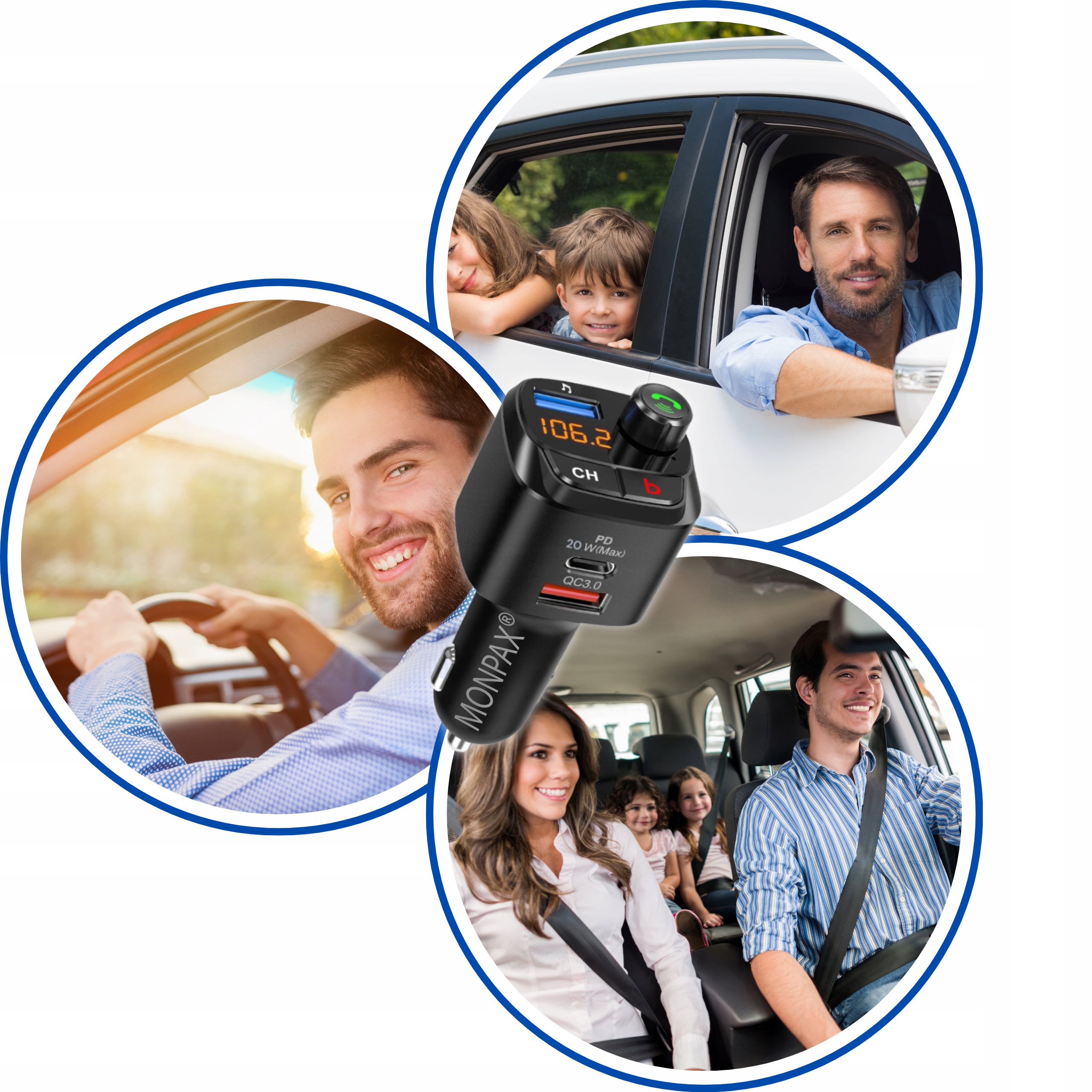 NAJMOCNIEJSZY TRANSMITER BLUETOOTH FM SAMOCHODOWY ŁADOWARKA 36W QC3.0 USB-C Źródło sygnału bluetooth USB