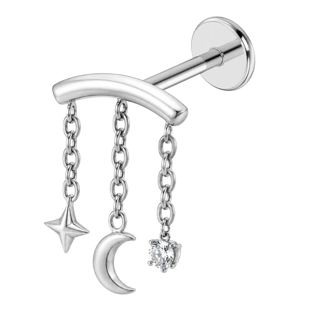 Titanová Náušnice Labret Závěsná Zirkon Měsíc Hvězdička 1.2x8 Titan Stříbro