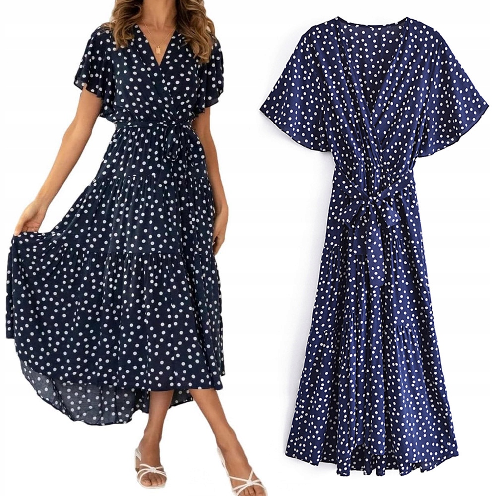 Długa Damska Sukienka Kopertowa Maxi Wiązana W Groszki Kobieca