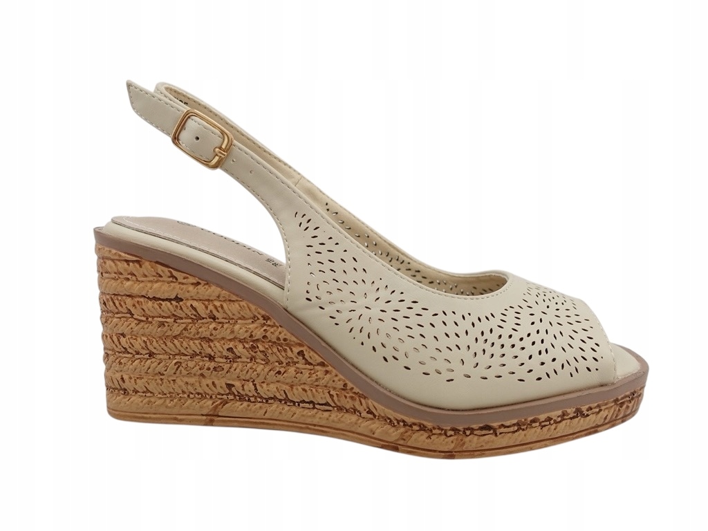 Damskie Sandały Ażurowe na Wysokiej Koturnie Beż oddychające wkł.skóra 39