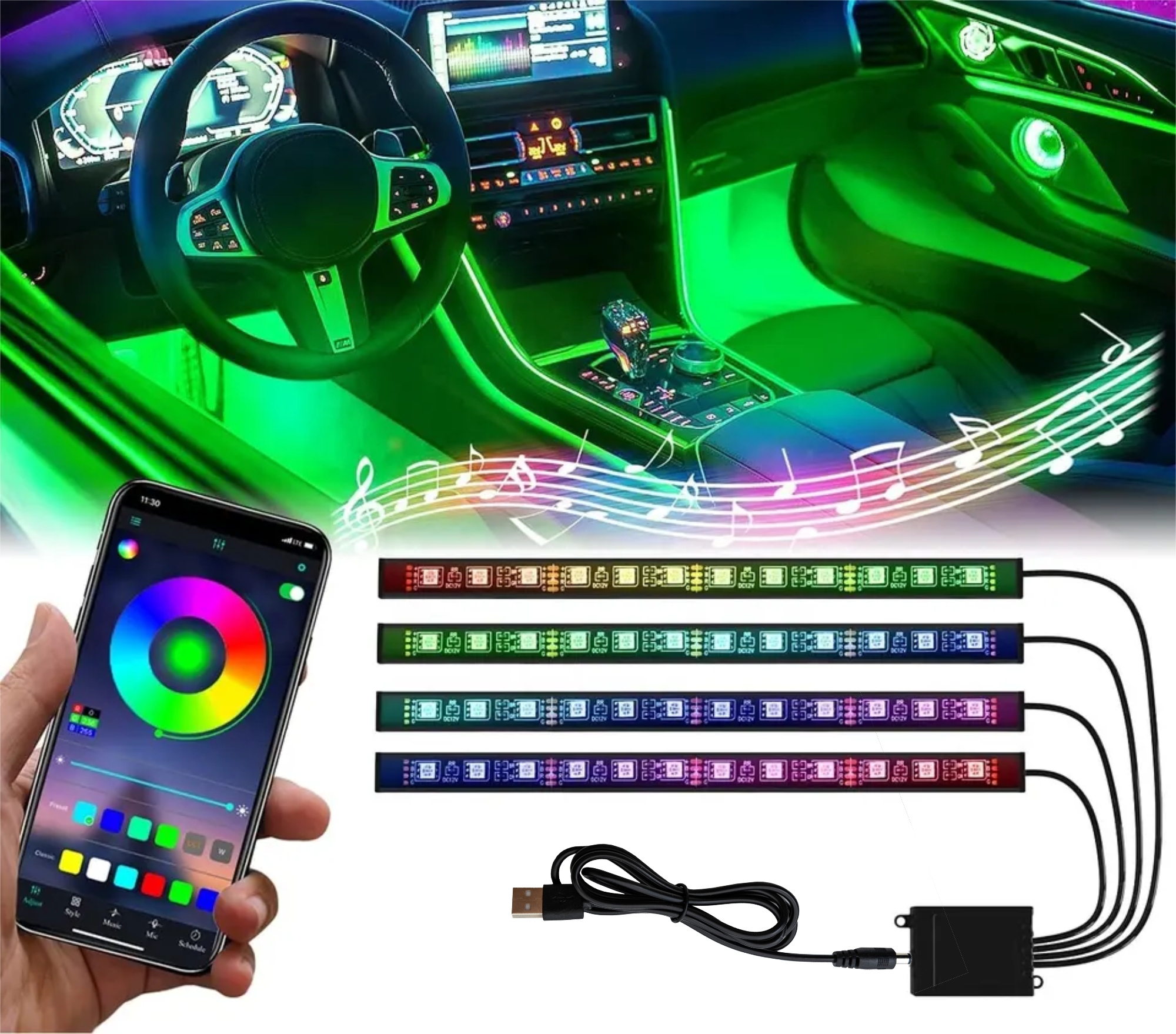 OŚWIETLENIE WNĘTRZA AUTA LISTWY LED POJAZD RGB USB BT STEROWANIE APKĄ Strona zabudowy przód + tył