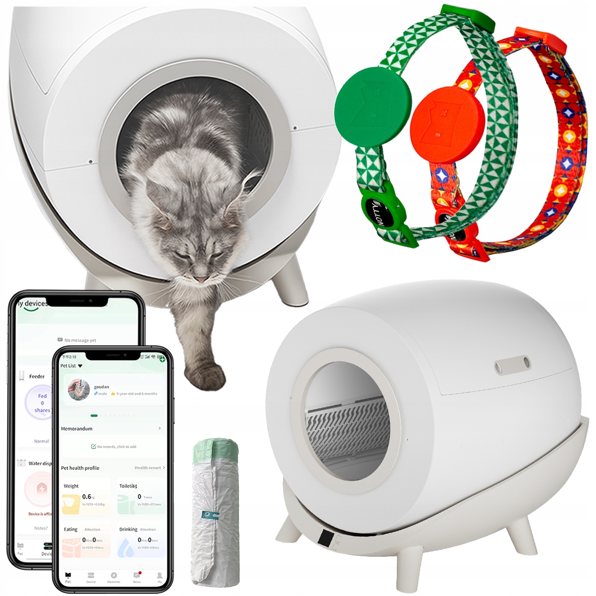 Inteligentna Kuweta dla kota Samoczyszcząca Dwie obroże z chipem Worki