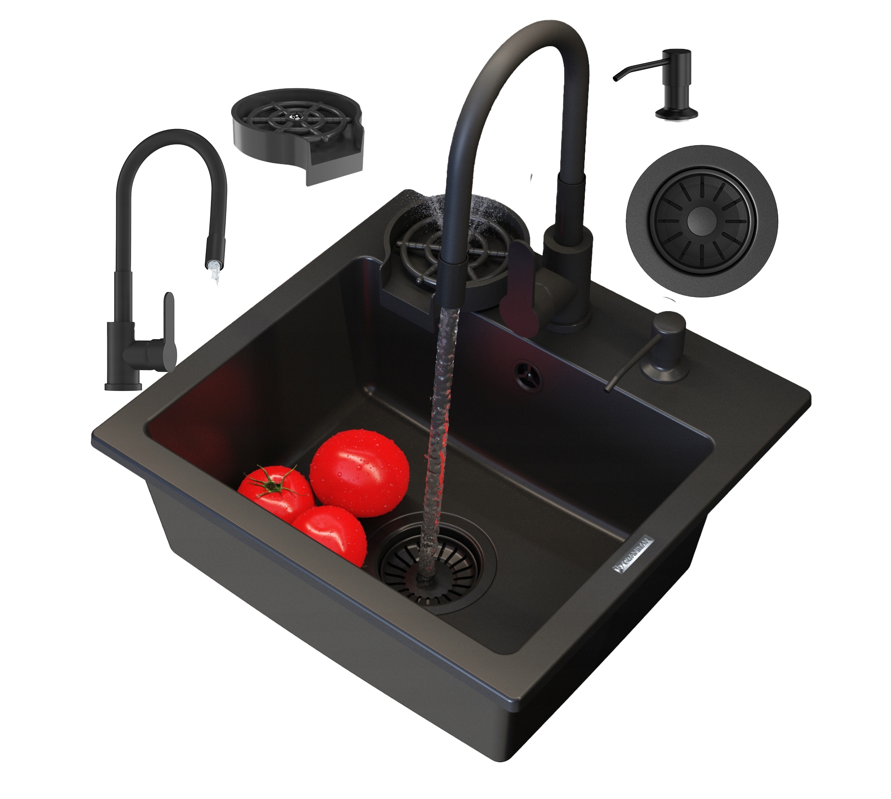 Granitový Drez Čierny Kuchynský Set Batéria Dávkovač Umývačka Riadu Teor