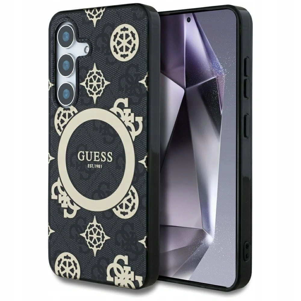 Guess Pouzdro MagSafe se zlatým vzorem pivoňky pro Galaxy S25 černé