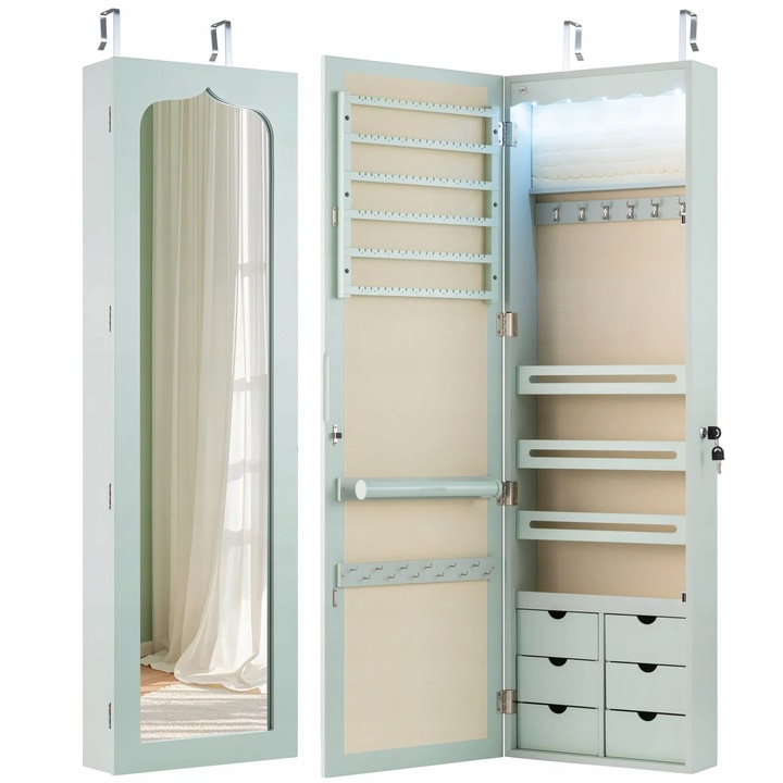 WISZĄCA SZAFKA NA BIŻUTERIĘ Z LUSTREM I OŚWIETLENIEM TOALETKA WISZĄCA